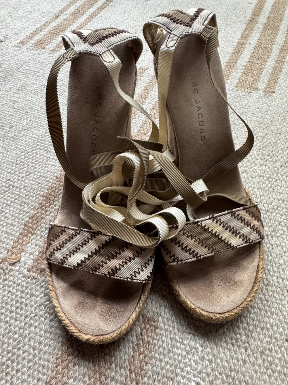 Marc Jacobs Neutral Espadrille Wedge Sandals with Ankle Wraps